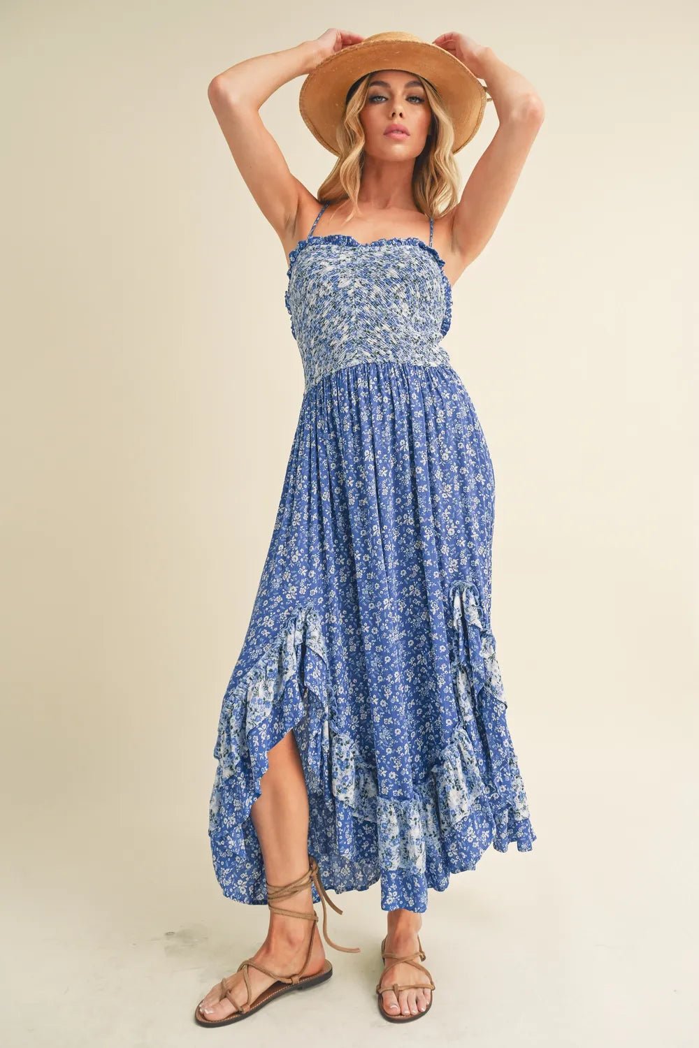 AEMI+CO - Blue Mixed Floral Ruffle Maxi Dress