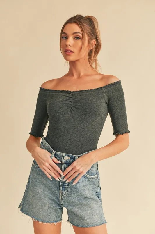 AEMI+CO - Charcoal Off Shoulder Ruched Top