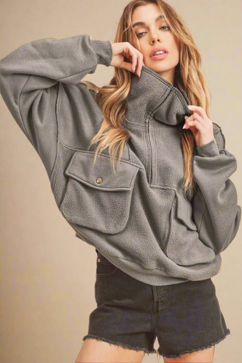 AEMI+CO - Charcoal Snap - Front Fleece Pullover