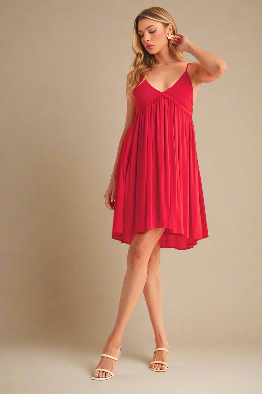 AEMI+CO - Cherry Red V - Neck Babydoll Mini Dress