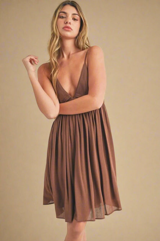 AEMI+CO - Cocoa V - Neck Babydoll Mini Dress