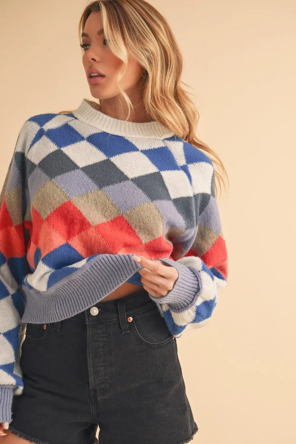 AEMI+CO - Colorblock Diamond Knit Sweater