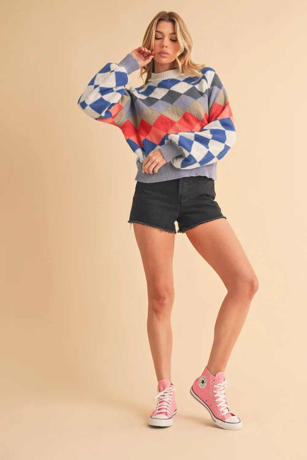 AEMI+CO - Colorblock Diamond Knit Sweater