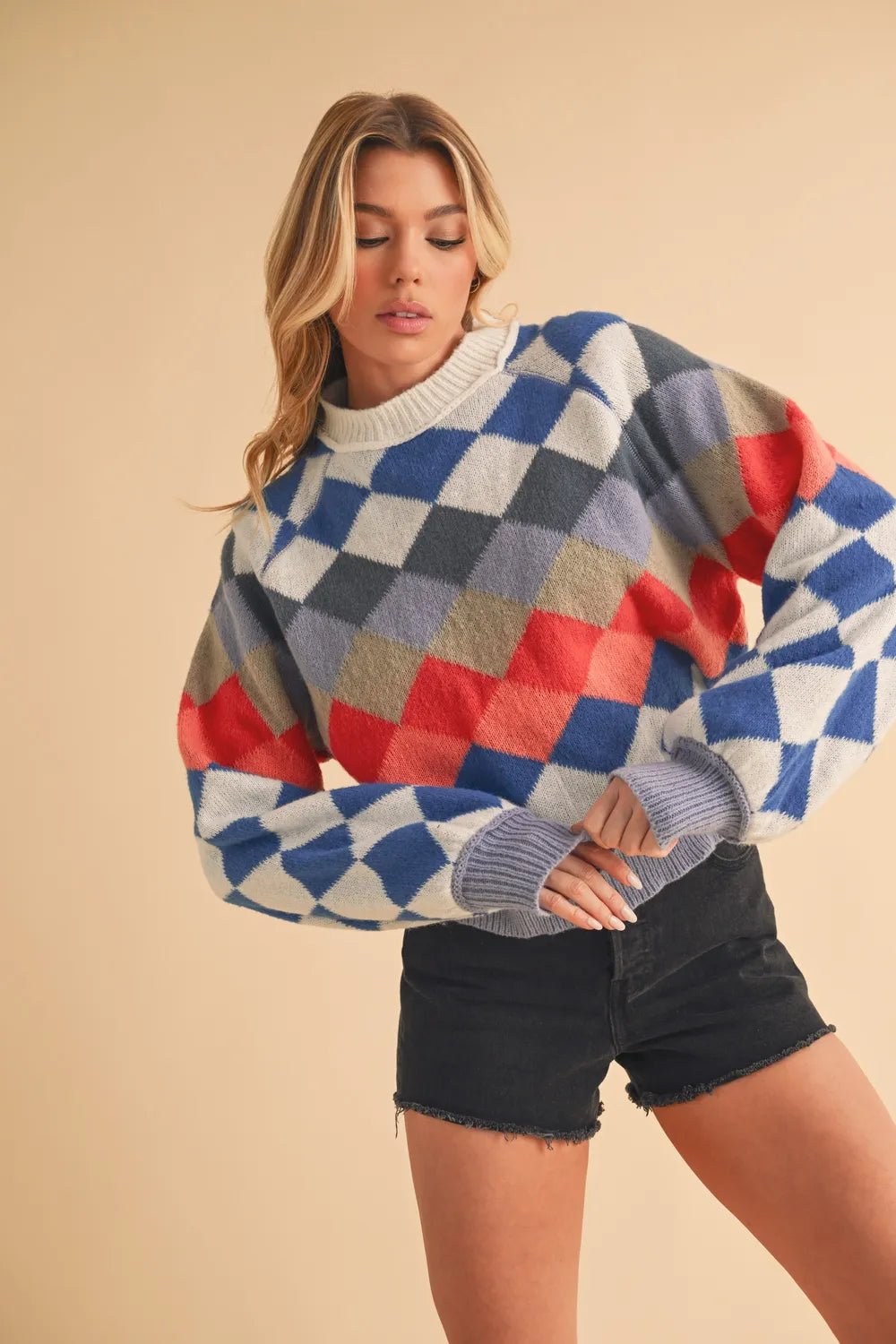 AEMI+CO - Colorblock Diamond Knit Sweater