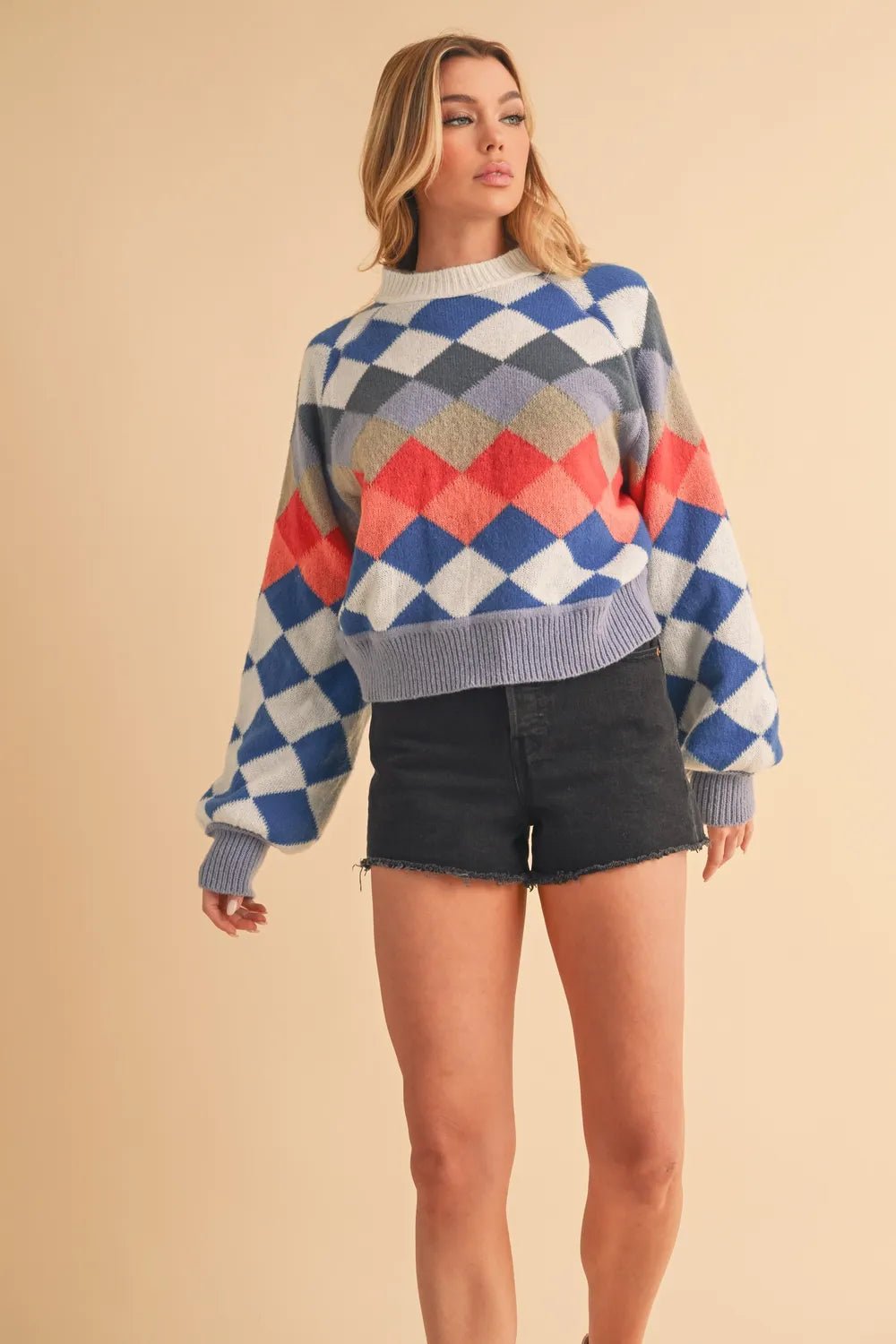 AEMI+CO - Colorblock Diamond Knit Sweater