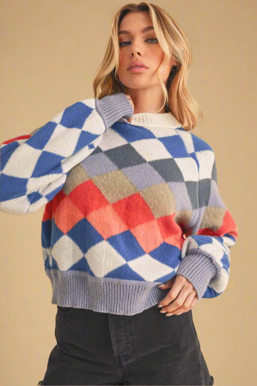AEMI+CO - Colorblock Diamond Knit Sweater