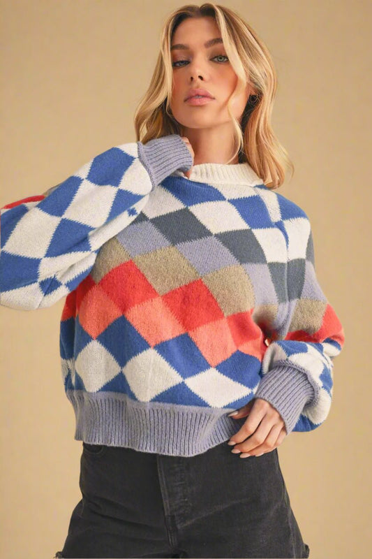 AEMI+CO - Colorblock Diamond Knit Sweater