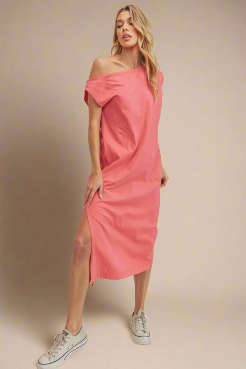AEMI+CO - Coral Crush Side - Slit Midi Dress