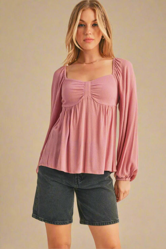 AEMI+CO - Dusty Rose Long Sleeve Babydoll Top
