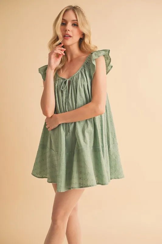 AEMI+CO - Eyelet Tie - Front Babydoll Mini Dress – Soft Sage