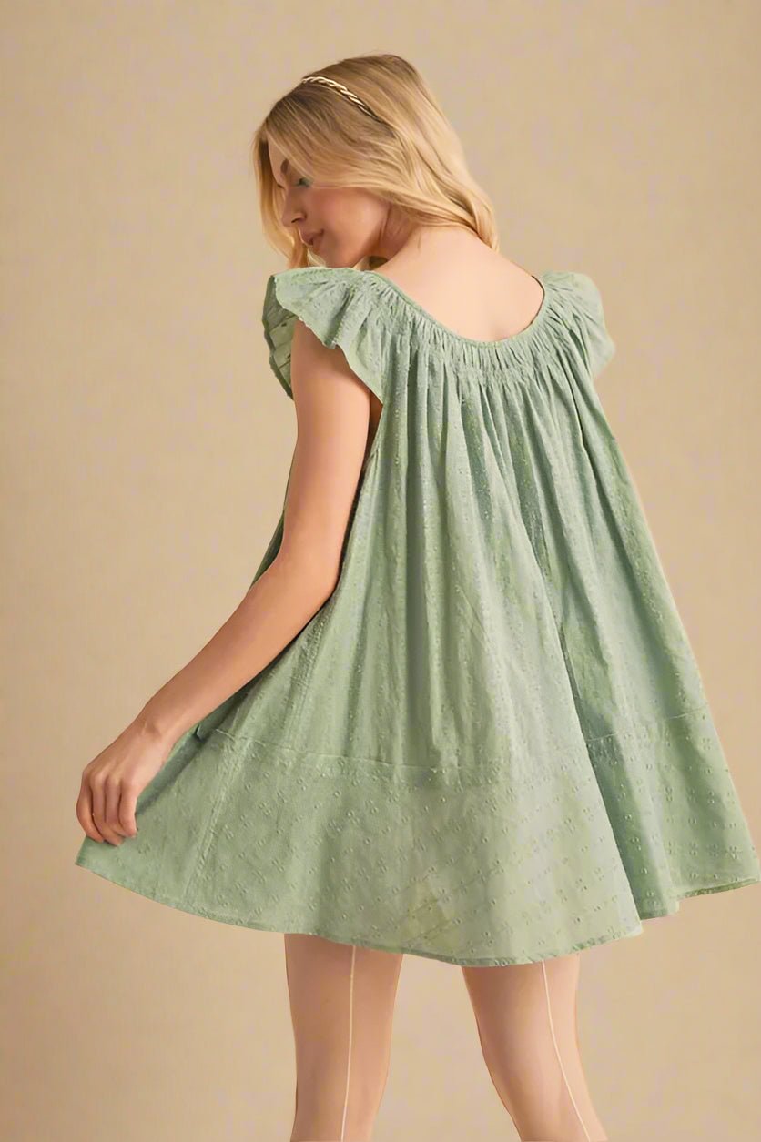 AEMI+CO - Eyelet Tie - Front Babydoll Mini Dress – Soft Sage