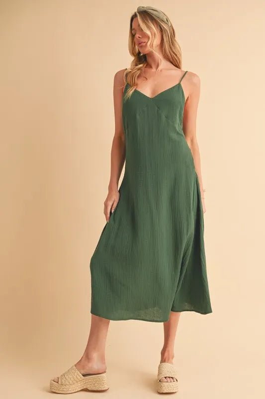 AEMI+CO - Forest Green Side Button Lace - Up Midi Dress