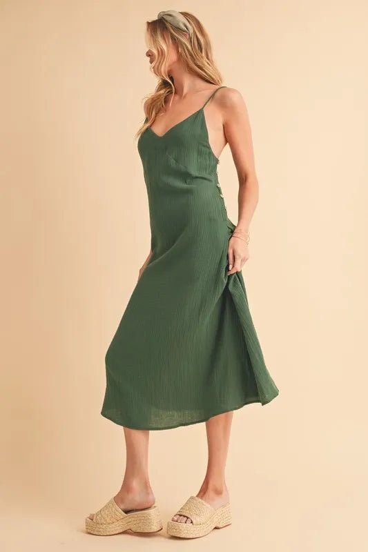 AEMI+CO - Forest Green Side Button Lace - Up Midi Dress