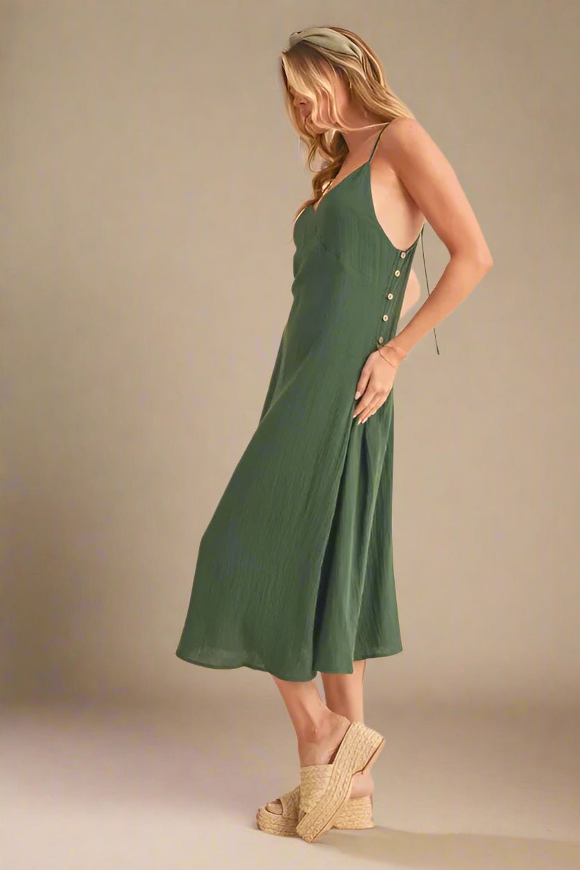 AEMI+CO - Forest Green Side Button Lace - Up Midi Dress
