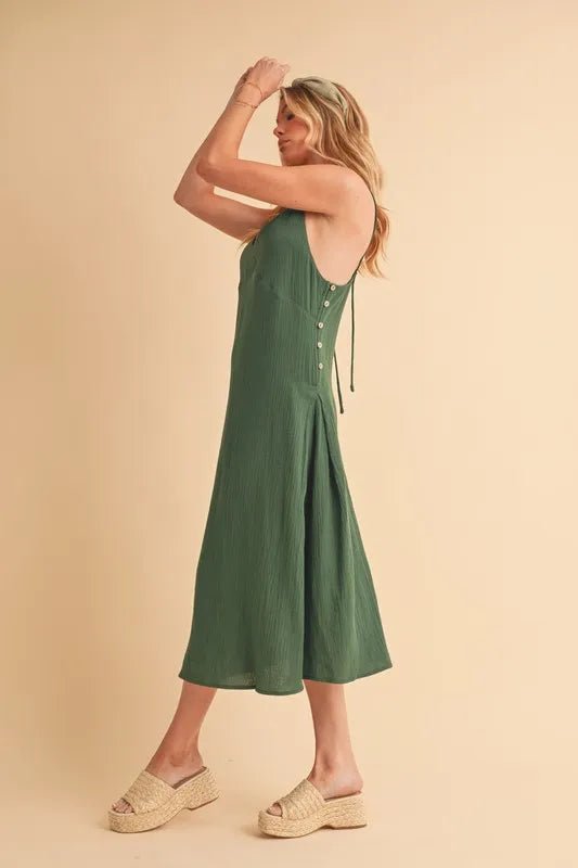 AEMI+CO Forest Green Side Button Lace-Up Midi Dress Beach Rose Co. AEMI+CO Forest Green Side Button Lace-Up Midi Dress Beach Rose Co.