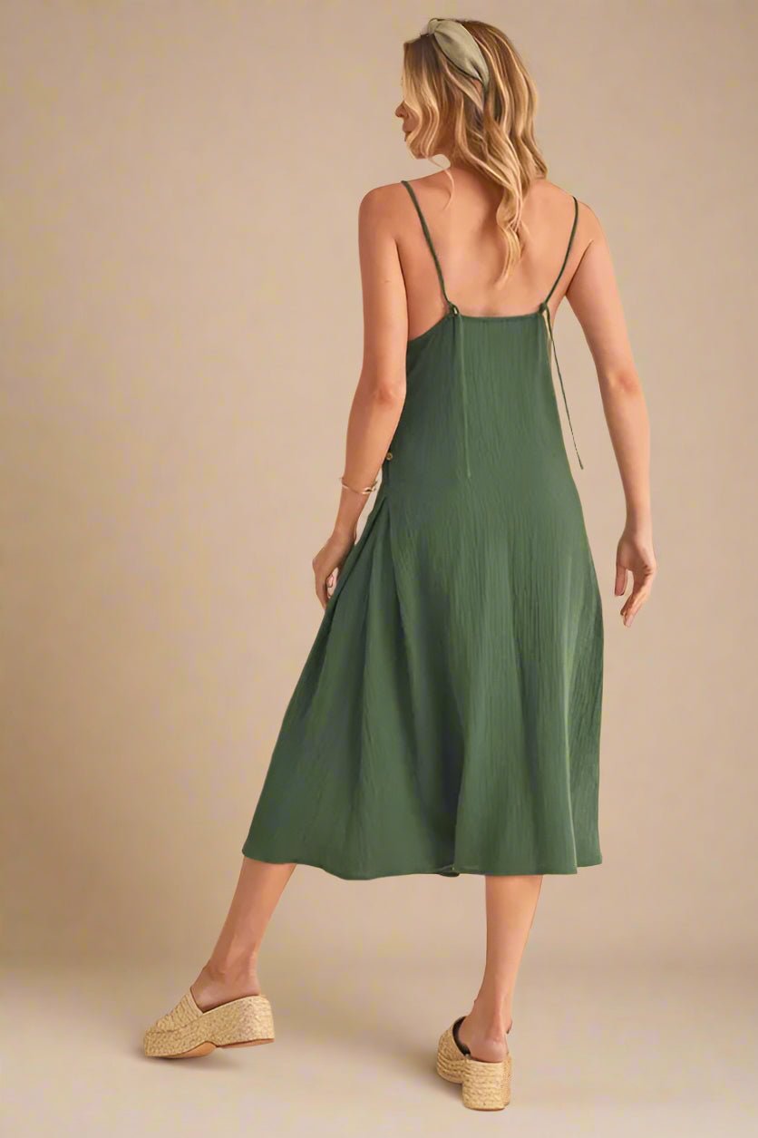 AEMI+CO - Forest Green Side Button Lace - Up Midi Dress