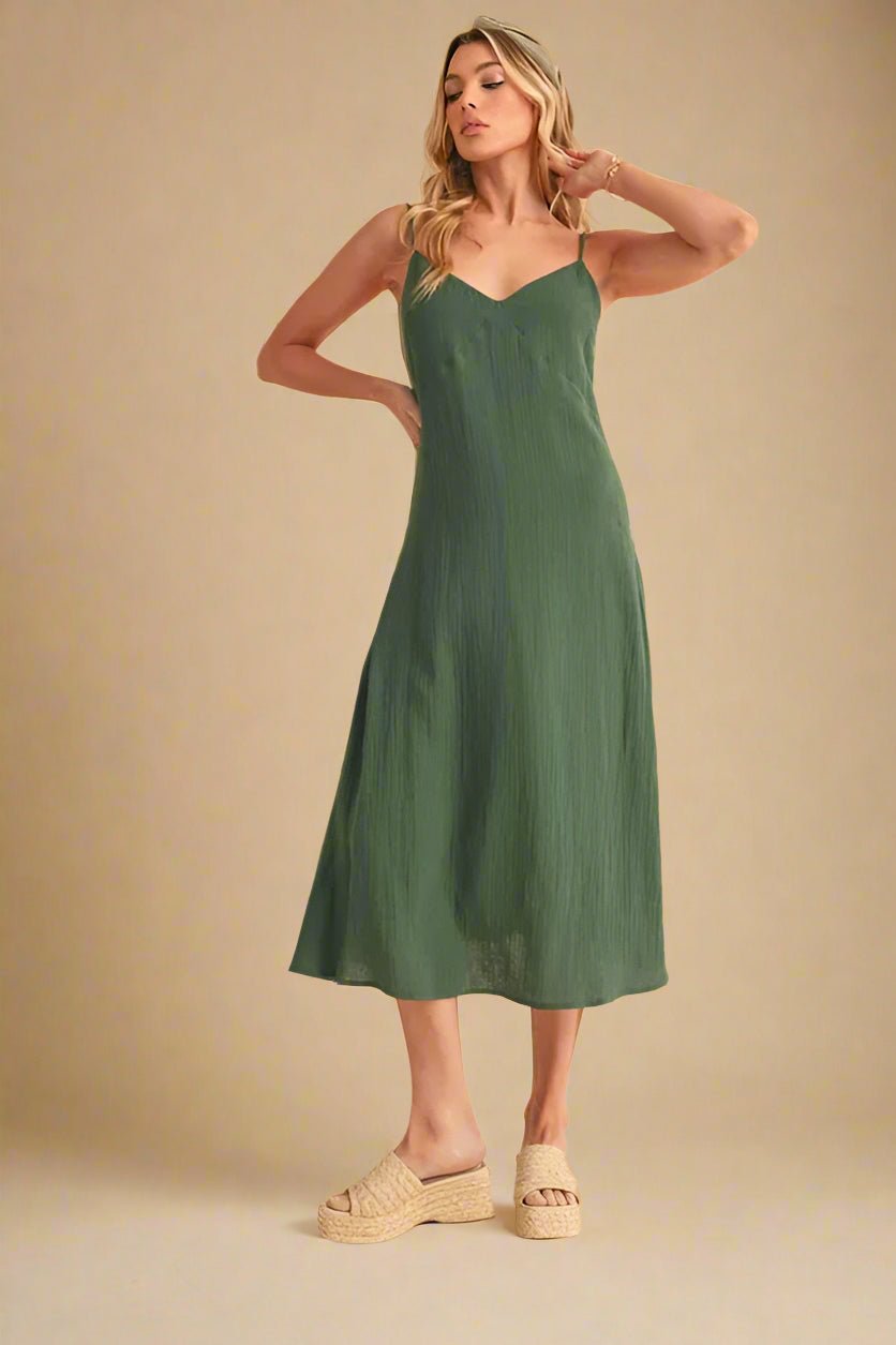 AEMI+CO - Forest Green Side Button Lace - Up Midi Dress