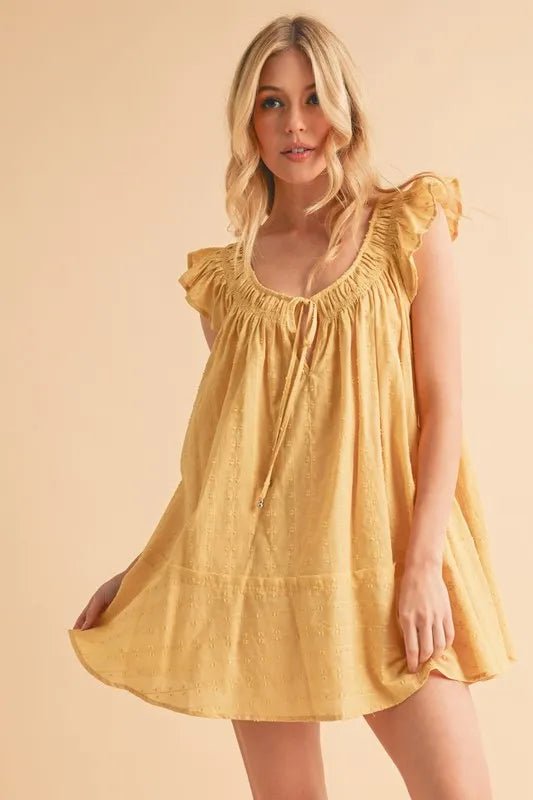 AEMI+CO - Goldenrod Eyelet Ruffle Sleeve Babydoll Mini Dress
