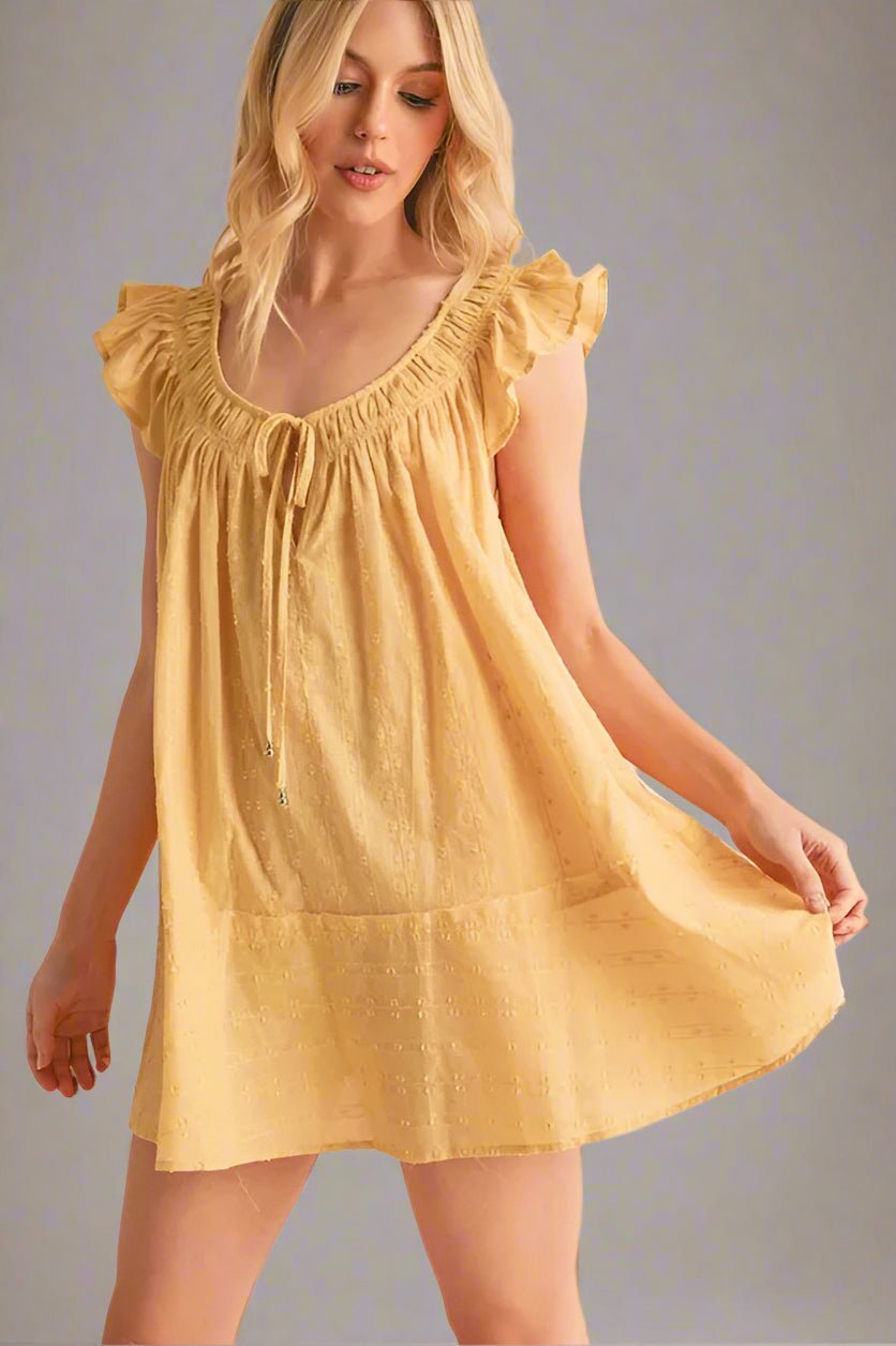 AEMI+CO - Goldenrod Eyelet Ruffle Sleeve Babydoll Mini Dress