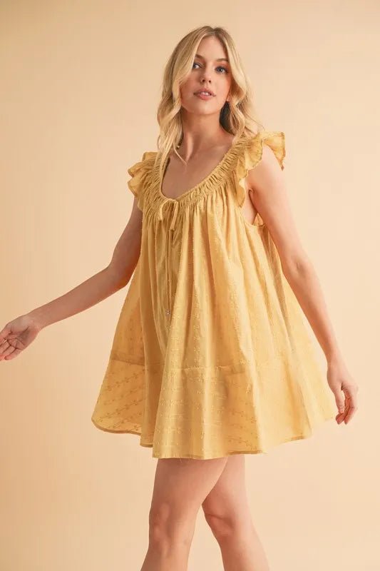 AEMI+CO - Goldenrod Eyelet Ruffle Sleeve Babydoll Mini Dress