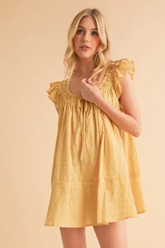 AEMI+CO - Goldenrod Eyelet Ruffle Sleeve Babydoll Mini Dress