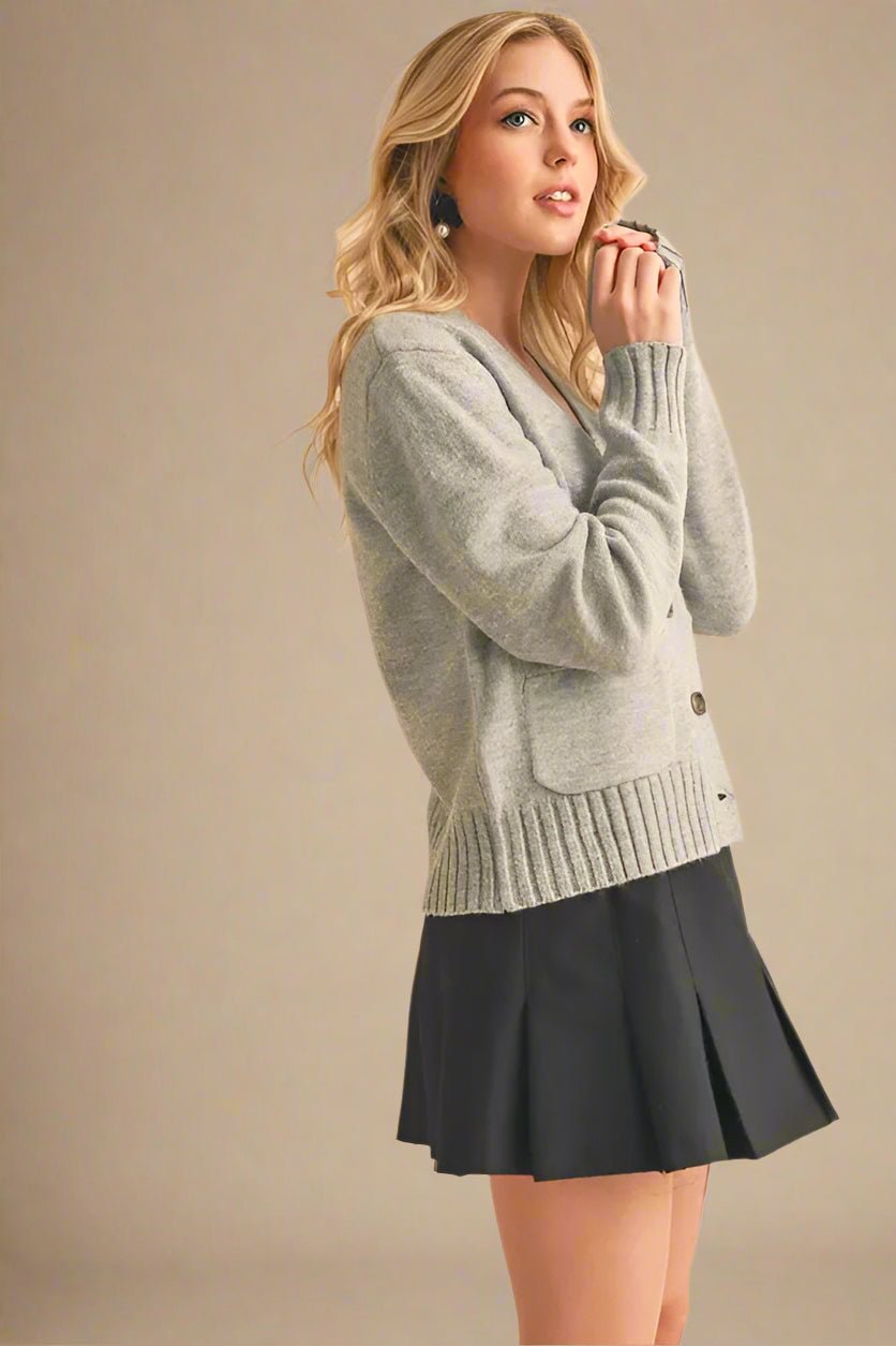 AEMI+CO - Gray Ribbed Hem Button Cardigan