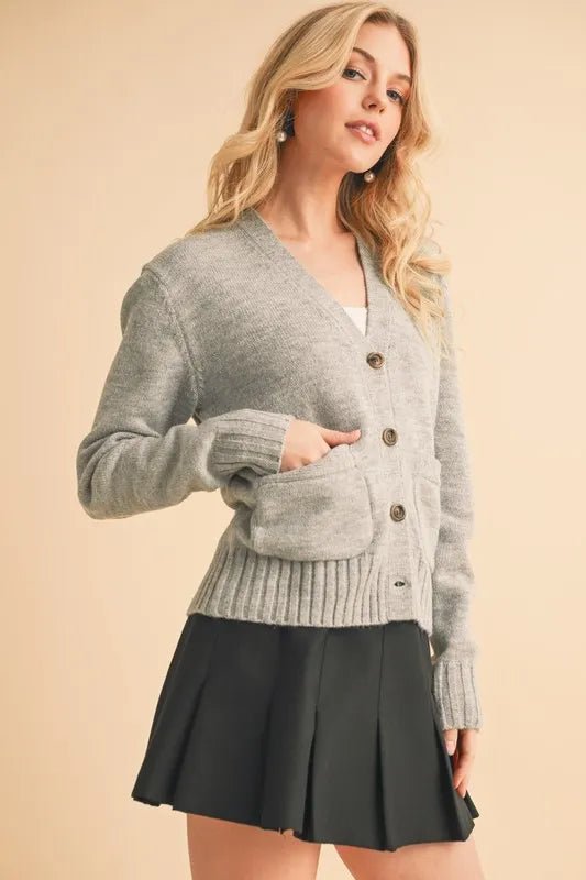 AEMI+CO - Gray Ribbed Hem Button Cardigan