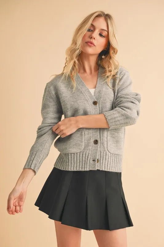 AEMI+CO - Gray Ribbed Hem Button Cardigan