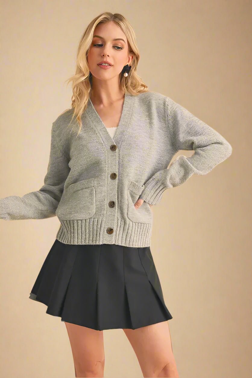 AEMI+CO - Gray Ribbed Hem Button Cardigan