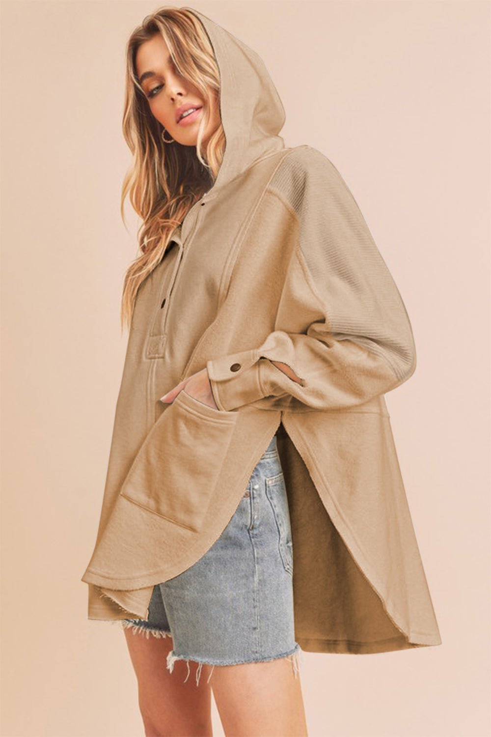 AEMI+CO - Half Snap Oversized Tunic Hoodie in Oat