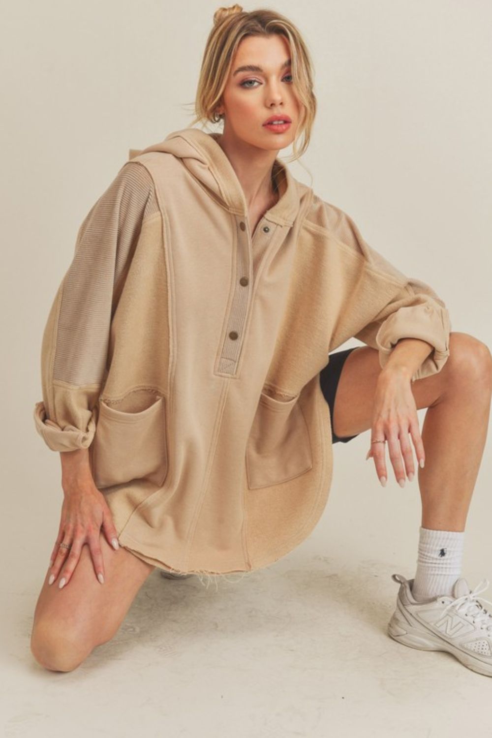 AEMI+CO - Half Snap Oversized Tunic Hoodie in Oat