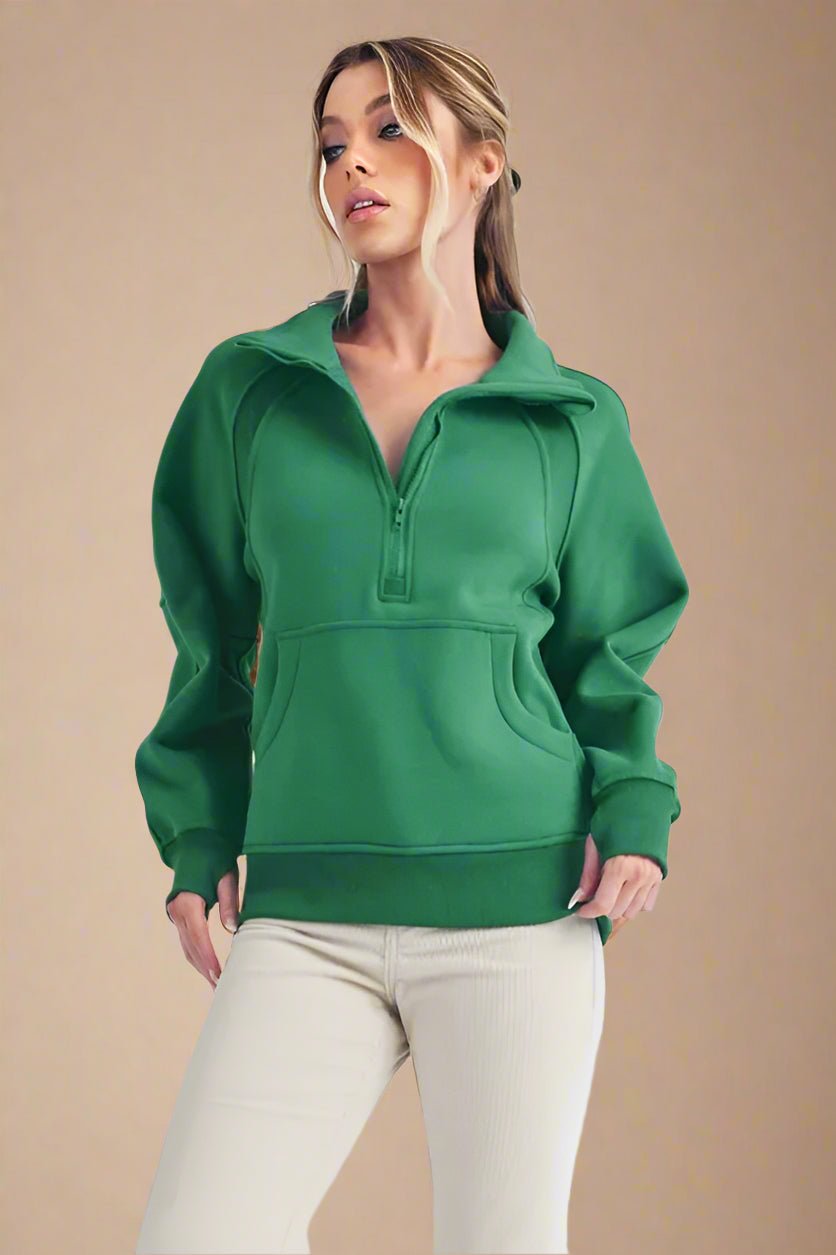 AEMI+CO - Half Zip Pullover Sweatshirt in Evergreen