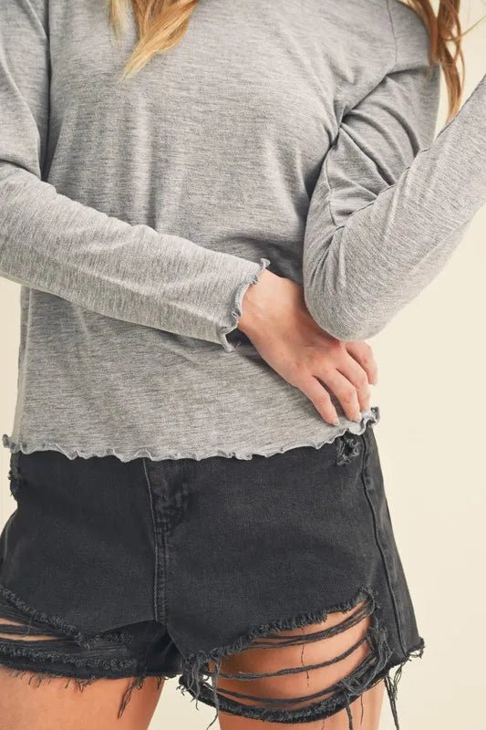 AEMI+CO - Heather Gray Lettuce Hem Long Sleeve Tee