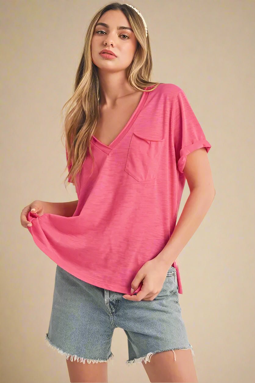 AEMI+CO - Hot Pink V - Neck Pocket Tee