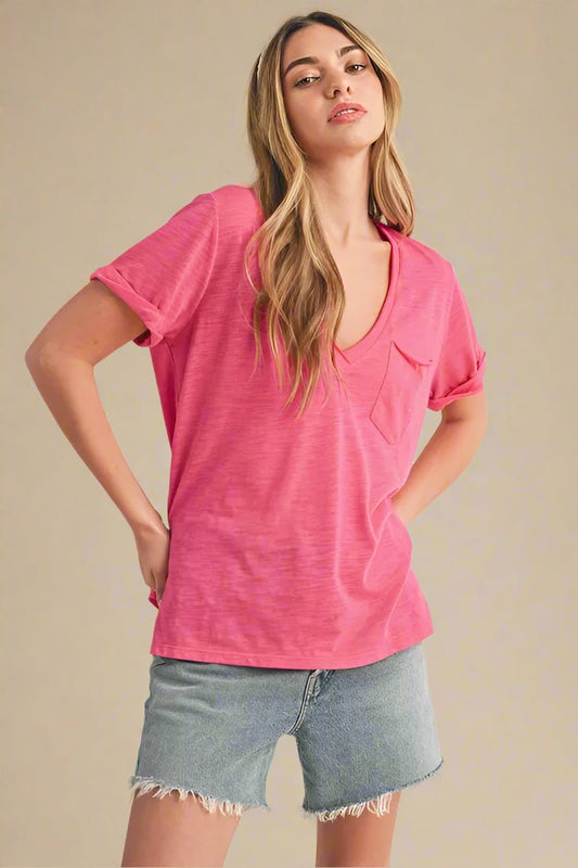 AEMI+CO - Hot Pink V - Neck Pocket Tee