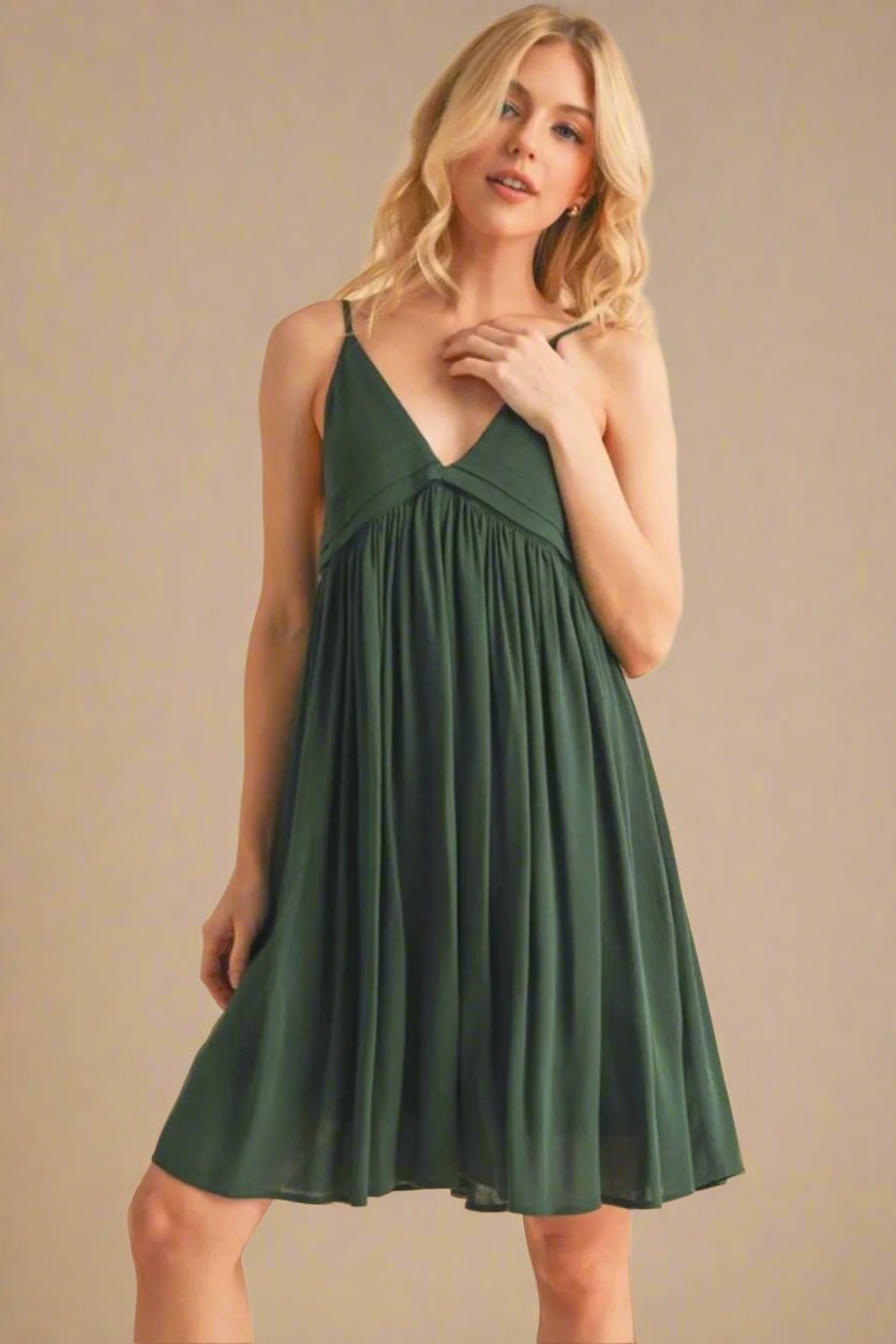 AEMI+CO - Hunter Green V - Neck Babydoll Mini Dress