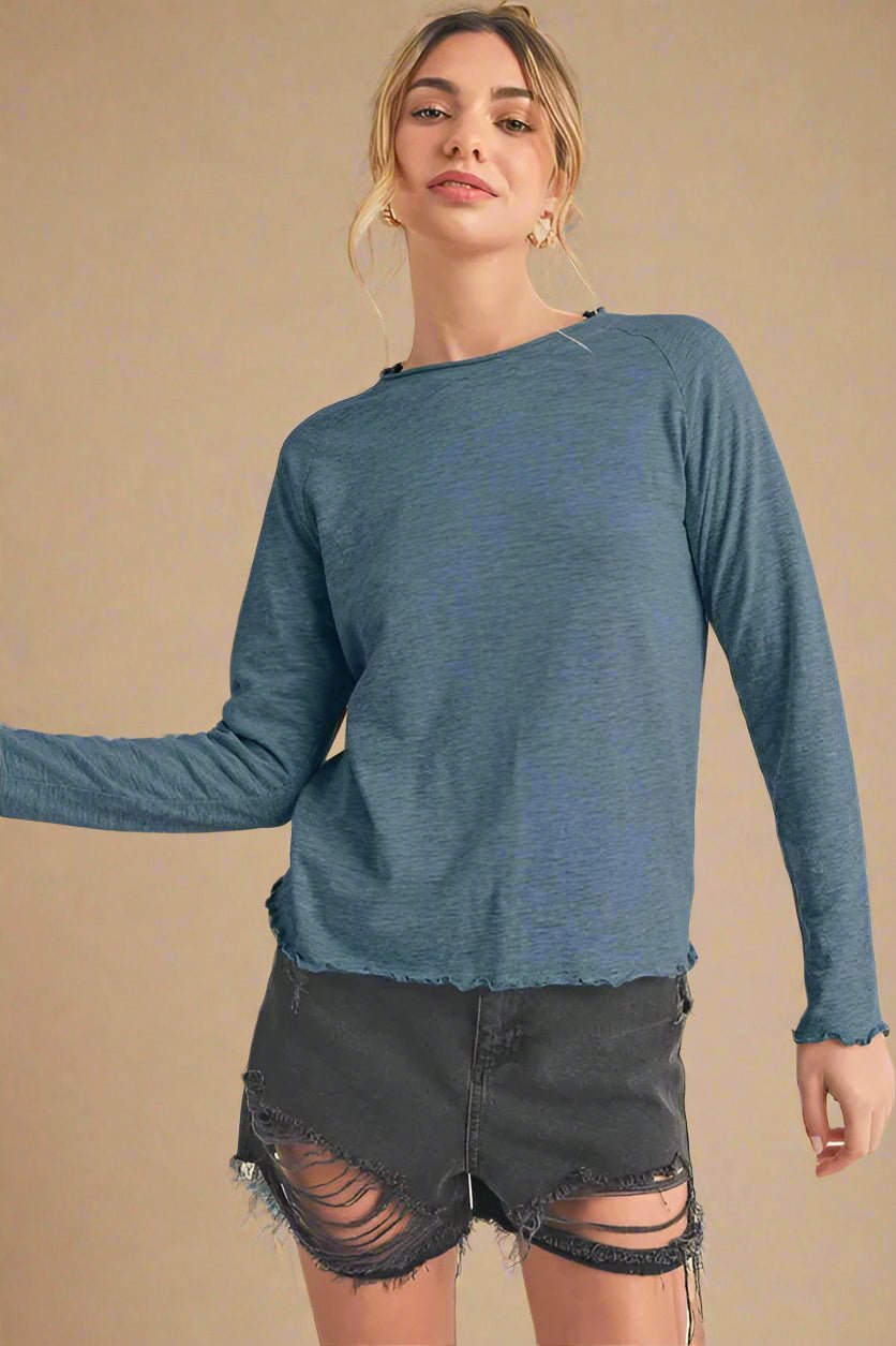 AEMI+CO - Indigo Blue Lettuce Hem Long Sleeve Tee