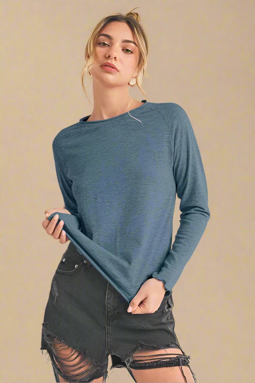 AEMI+CO - Indigo Blue Lettuce Hem Long Sleeve Tee
