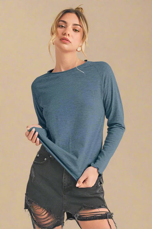 AEMI+CO - Indigo Blue Lettuce Hem Long Sleeve Tee