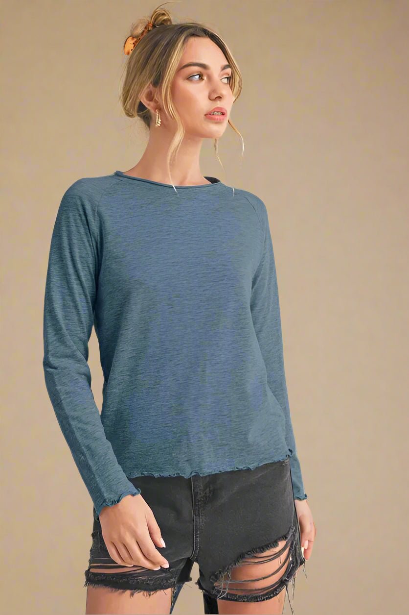 AEMI+CO - Indigo Blue Lettuce Hem Long Sleeve Tee