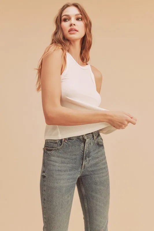 AEMI+CO - Ivory Ribbed Halter Crop Tank