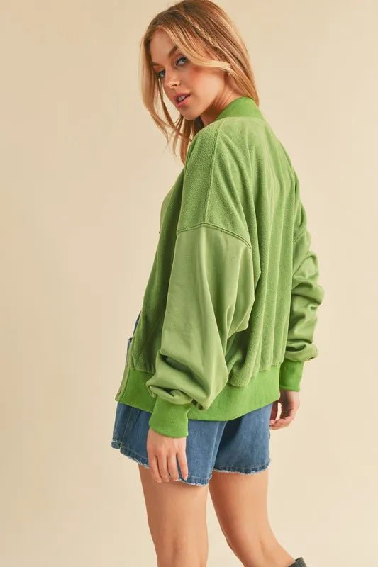 AEMI+CO - Kiwi Green Snap - Up Fleece Jacket