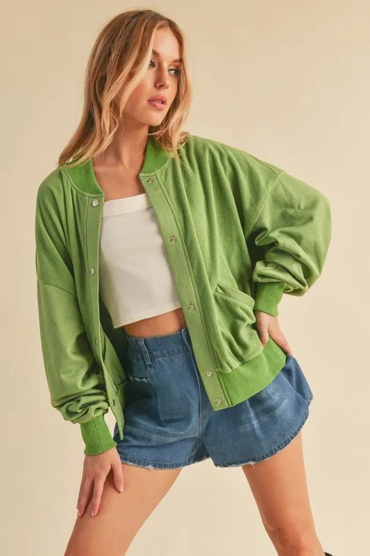 AEMI+CO - Kiwi Green Snap - Up Fleece Jacket