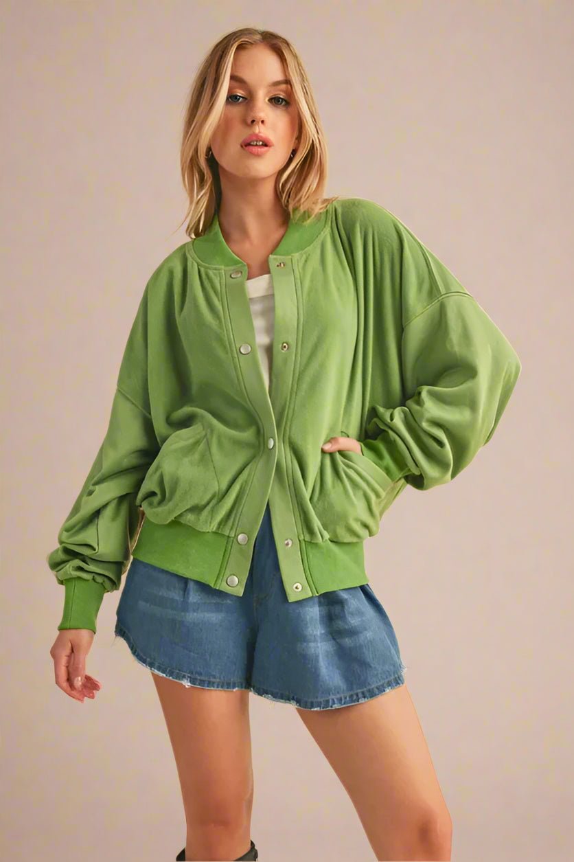AEMI+CO - Kiwi Green Snap - Up Fleece Jacket