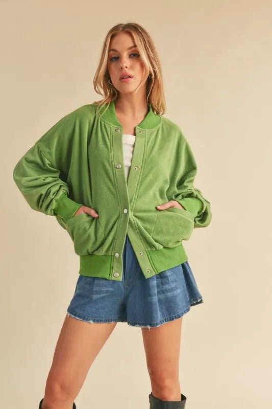 AEMI+CO - Kiwi Green Snap - Up Fleece Jacket