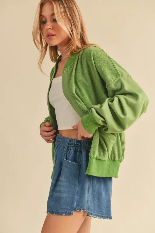 AEMI+CO - Kiwi Green Snap - Up Fleece Jacket