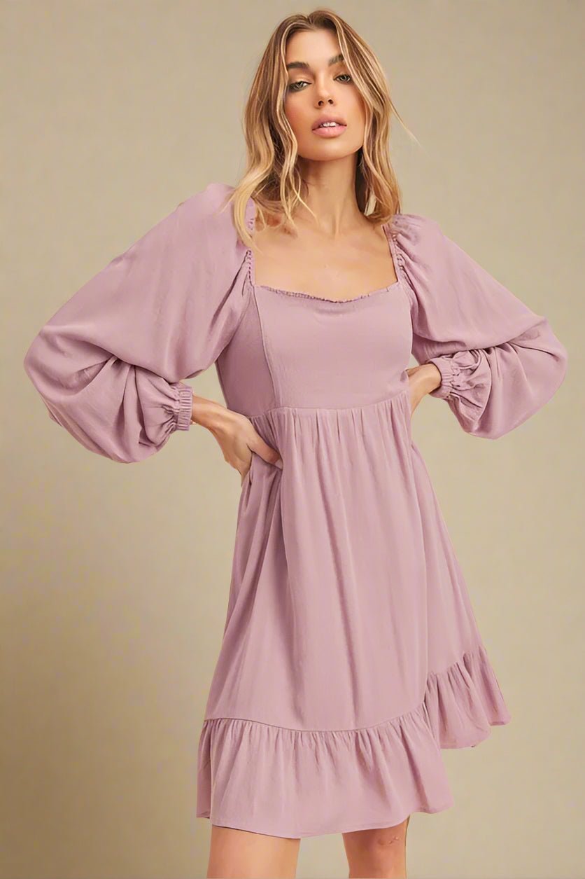 AEMI+CO - Lavender Puff Sleeve Ruffle Mini Dress