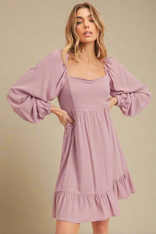 AEMI+CO - Lavender Puff Sleeve Ruffle Mini Dress
