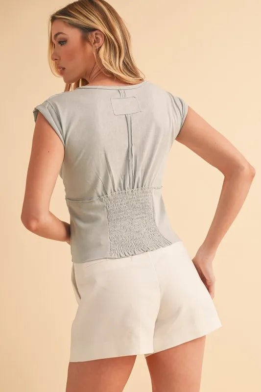 AEMI+CO - Mist Gray V - Neck Cap Sleeve Crop Top