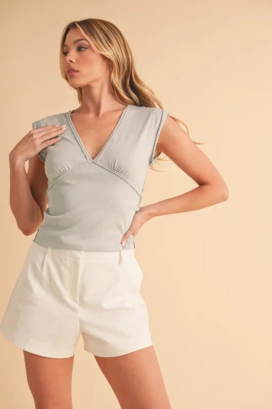 AEMI+CO - Mist Gray V - Neck Cap Sleeve Crop Top